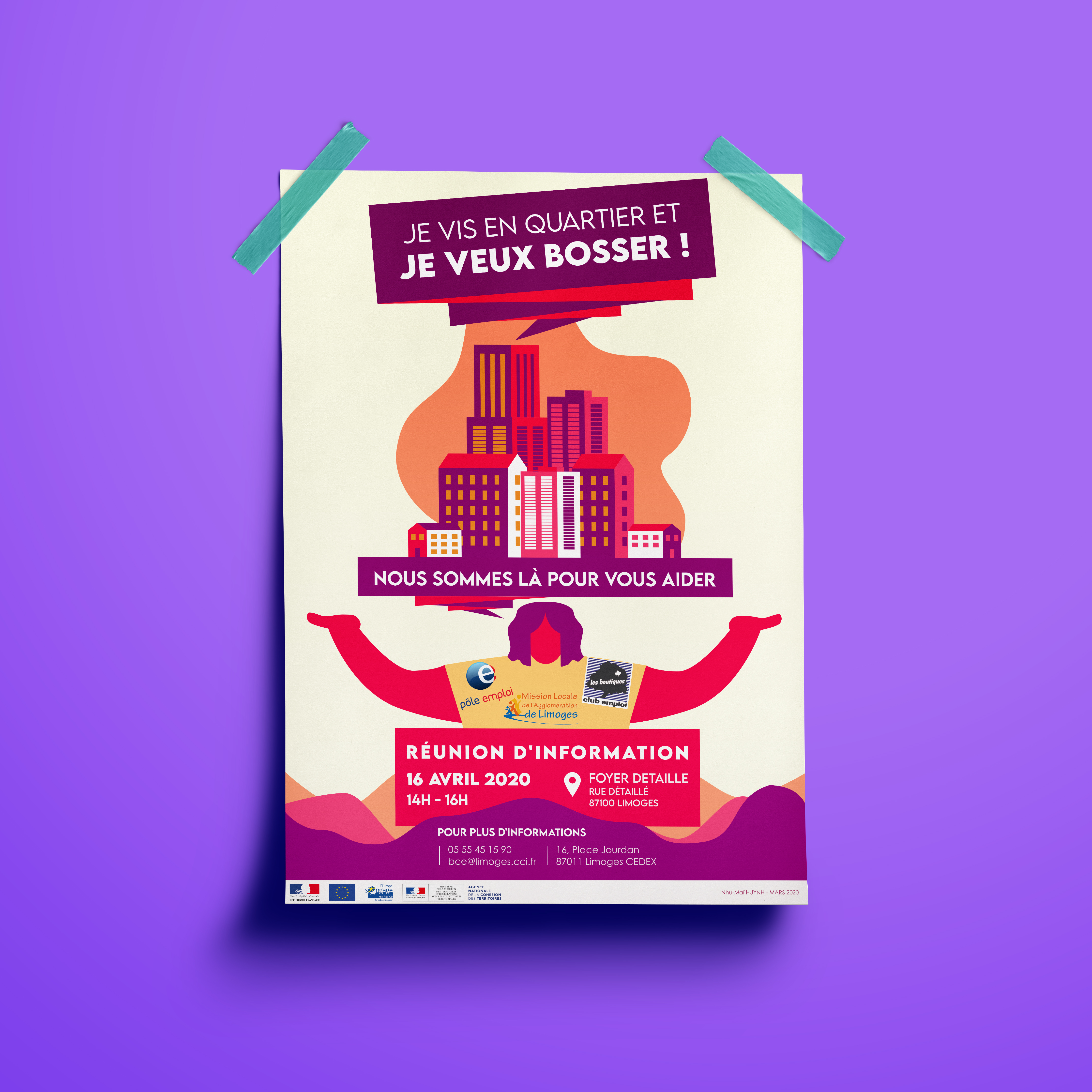Affiche Information Collective : Géant lévitant un quartier avec ses conseils