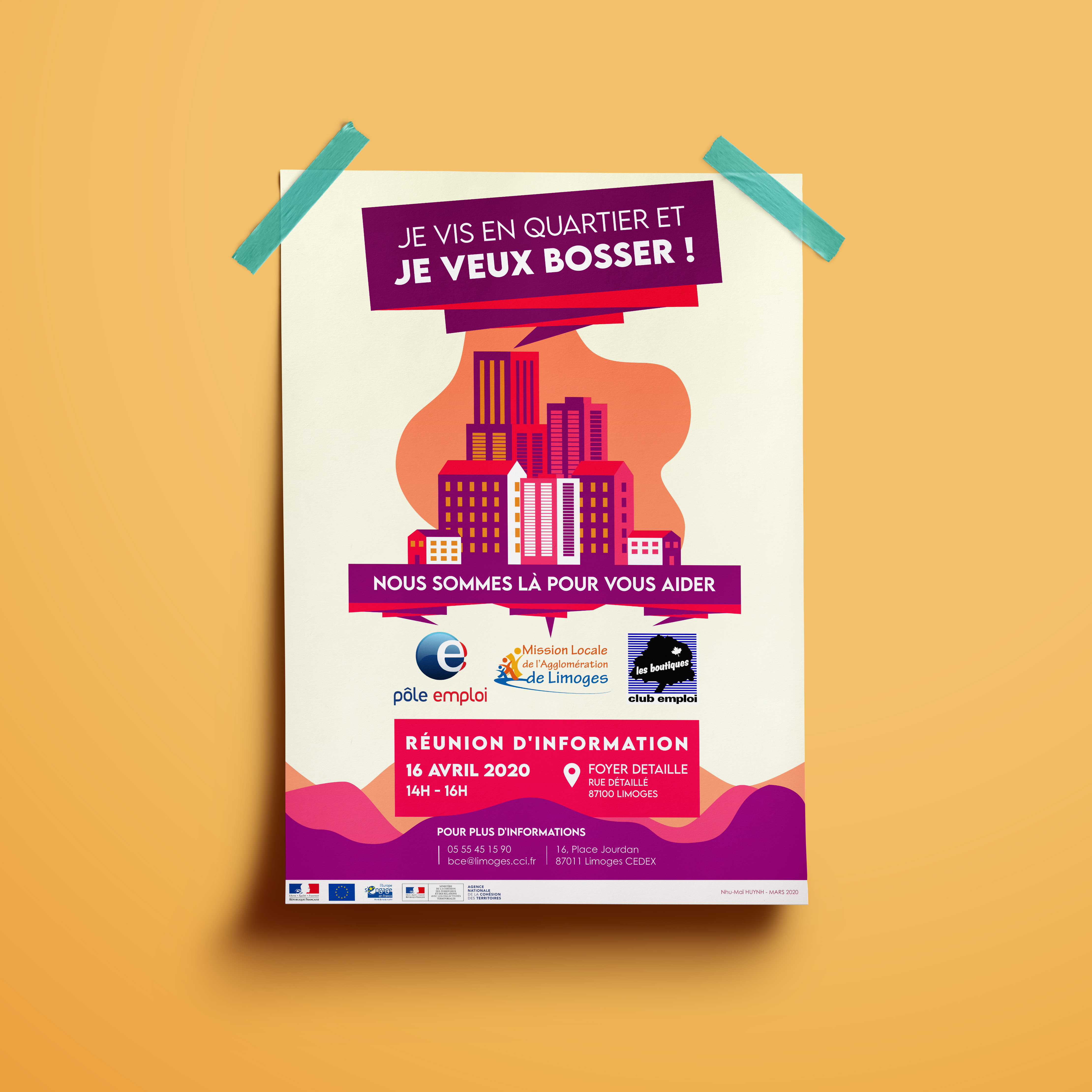 Affiche Information Collective : Logos des organisations d'aide à l'emploi soutenant un quartier avec leurs conseils
