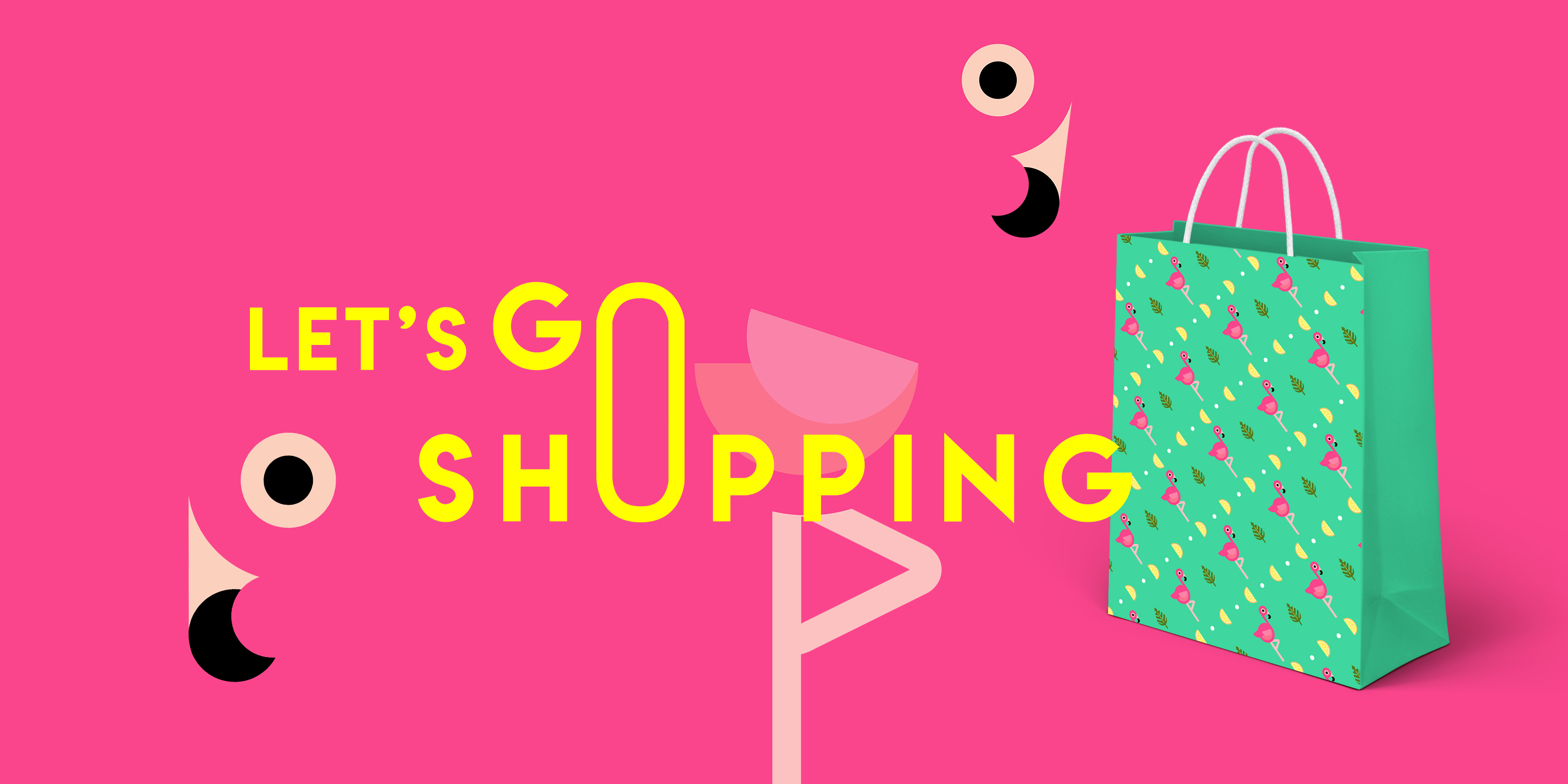 Affiche Let's go shopping - Flamingo avec mockup de sac en papier