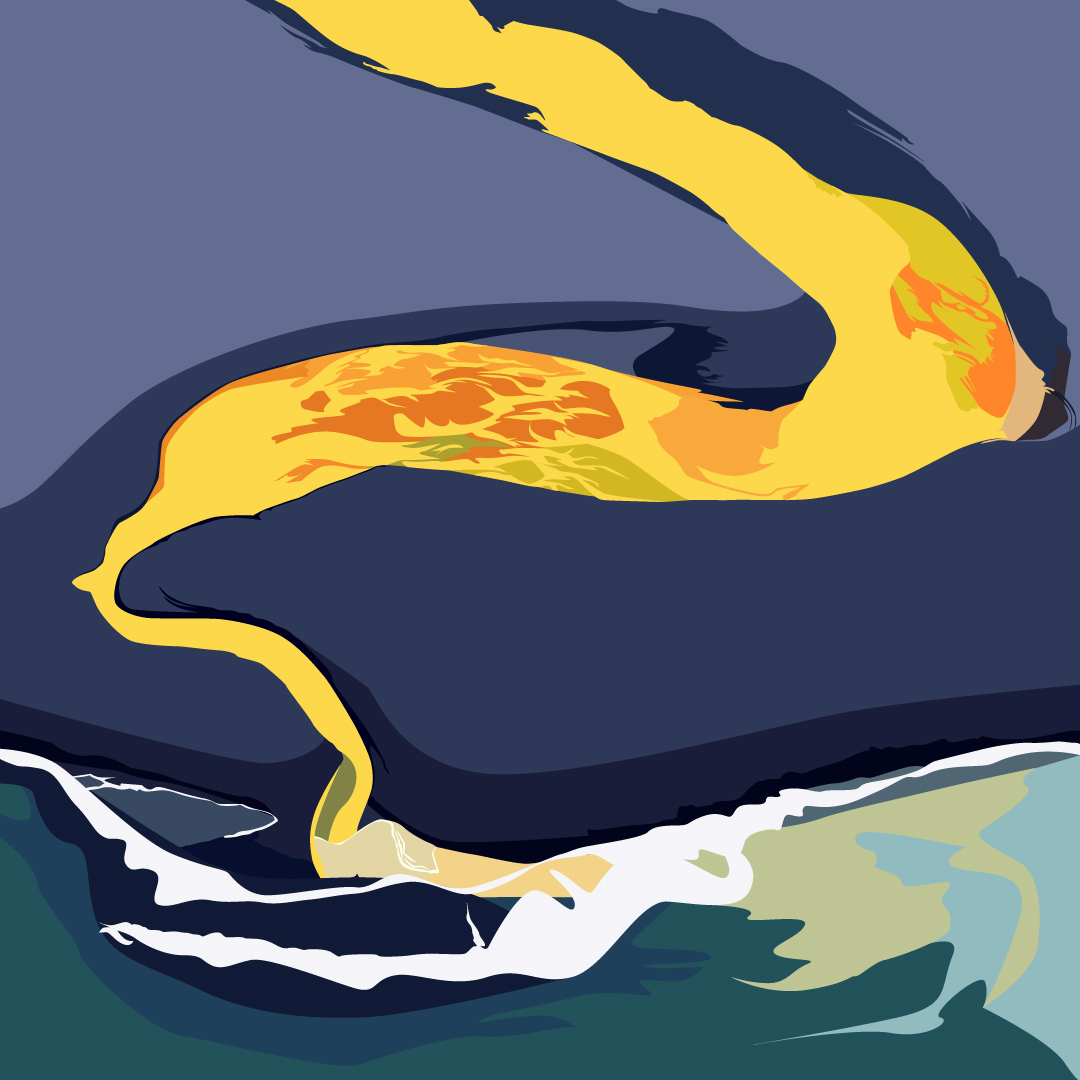 Yellow River Iceland on black beach - rivière jaune d'Islande sur plage volcanique noire - style flat design